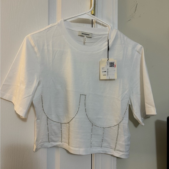 SANDRO - White Embellished Detail Crop Tee - Picture 5 of 8